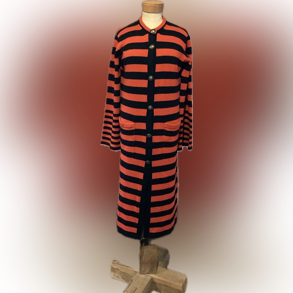 Etro Long Knit Cardigan in Black and Red Breton Stripe